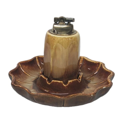 Vintage MCM Haeger Pottery Brown Ashtray and Lighter  Set *Read