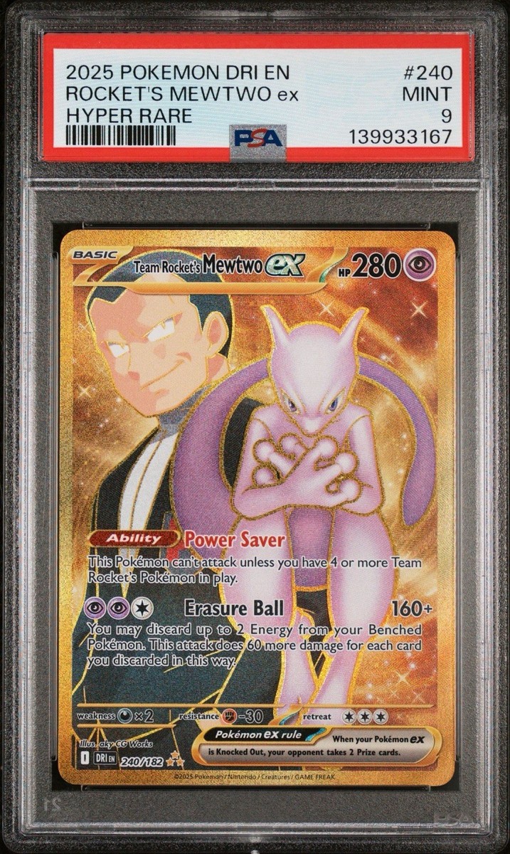 Pokémon Mewtwo EX TCG Hyper Rare Card 240/182 Team Rockets, PSA 9