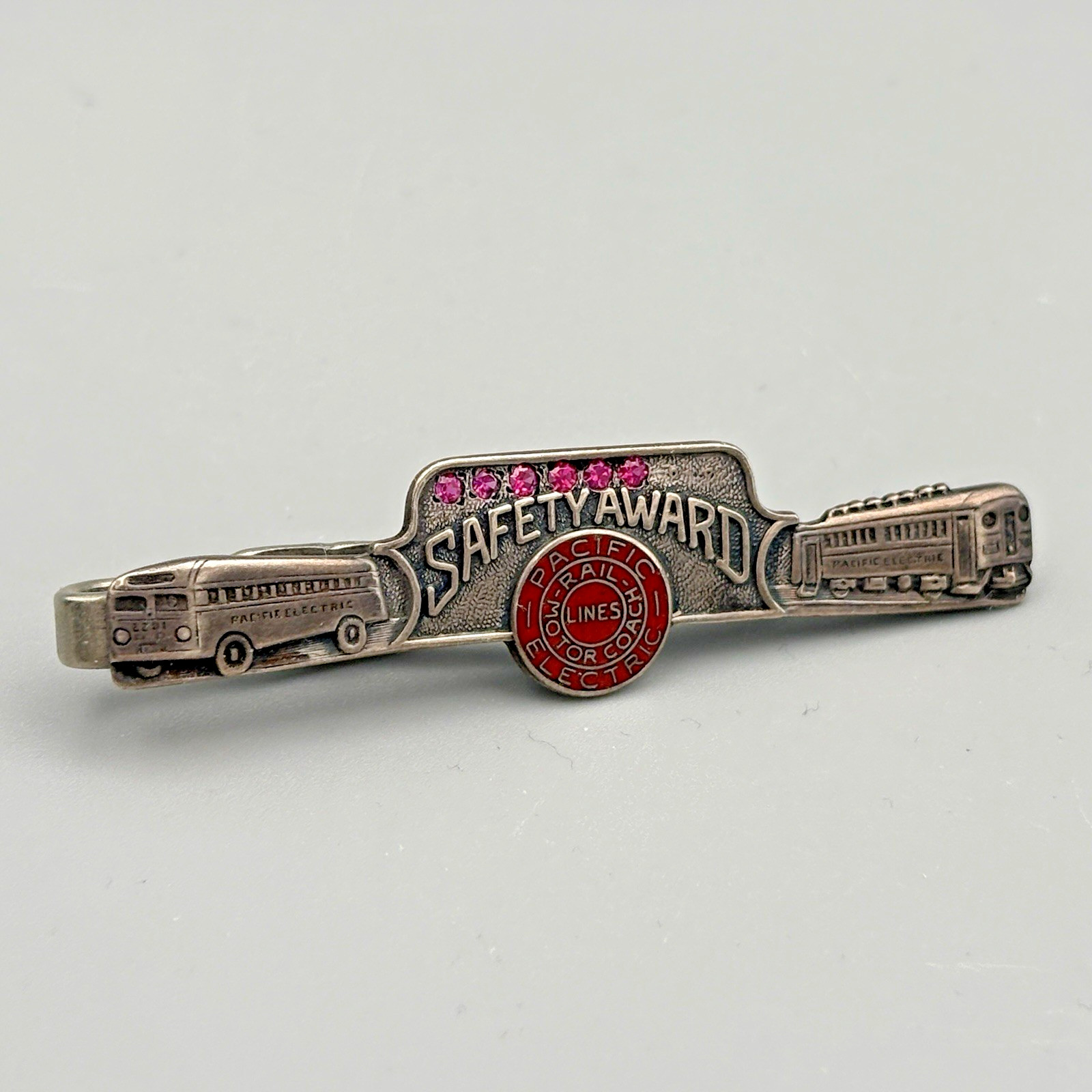 Sterling Silver Pacific Electric Rail Lines Safety Award Tie Clip Enamel Rubies