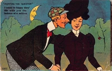 1908 Comic PC-Man Proposing to Lady Under Smiling Anthropomorphic Cresent Moon