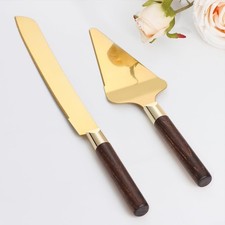 Gold Cake Cutting Set for Wedding, Wood Cake Knife and Server Set, Vintage
