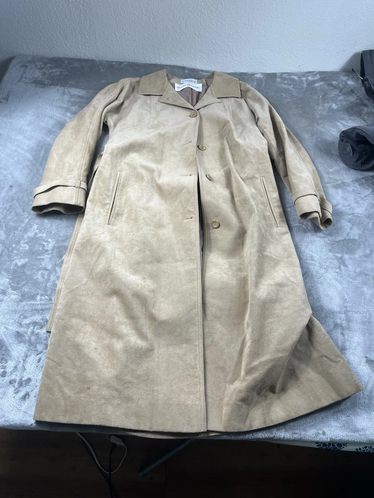 Vintage Lester Melnick Brown Beige Trench Button Up Overcoat Jacket Brown 14