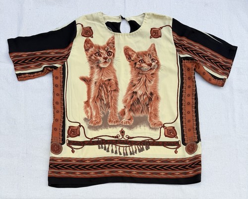 Vtg Cute Kittens Print Blouse Top Shirt Baroque Cat Lady Mom Festival