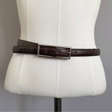 Vintage Brown Leather Skinny Belt w/ Rectangular Buckle - Small / Medium