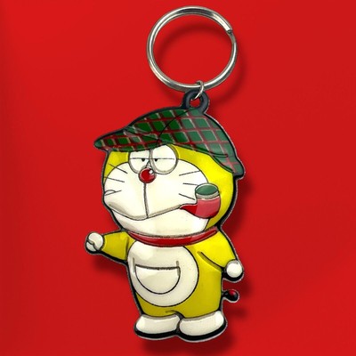 Vintage Doraemon Anime Yellow Retro Plaid Hat Pipe Puffy Key Chain Ring RARE