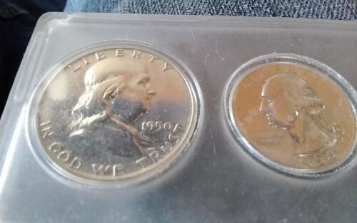 1950 US COIN SET FRANKLIN HALF, WASHINGTON QUARTER ROOSEVELT DIME SILVER - Picture 1 of 3