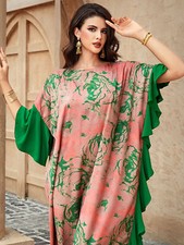 Long Dress Maxi Robe Muslim Women Elegant Abaya Kaftan Print Gown Dubai Islamic