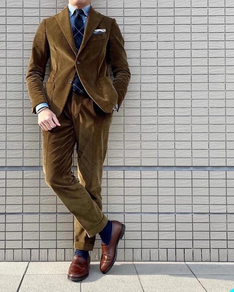 Brown Corduroy Suit for Men Two Button Jacket Pant Sets Best Man Gift Tailored  - Image 3 of 4