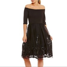 Gianni Bini Med Dana Little Black Dress Off Shoulder Knit/Embroidered Mesh Skirt