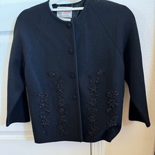 Vintage 60s St. Andrews Black 100 Zephyr Wool Beaded Sweater, sz 10, 3/4sleeve