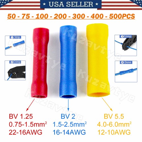 500/100Pcs Straight Butt Connectors Crimp Insulated PVC Wire Splice Terminal Kit