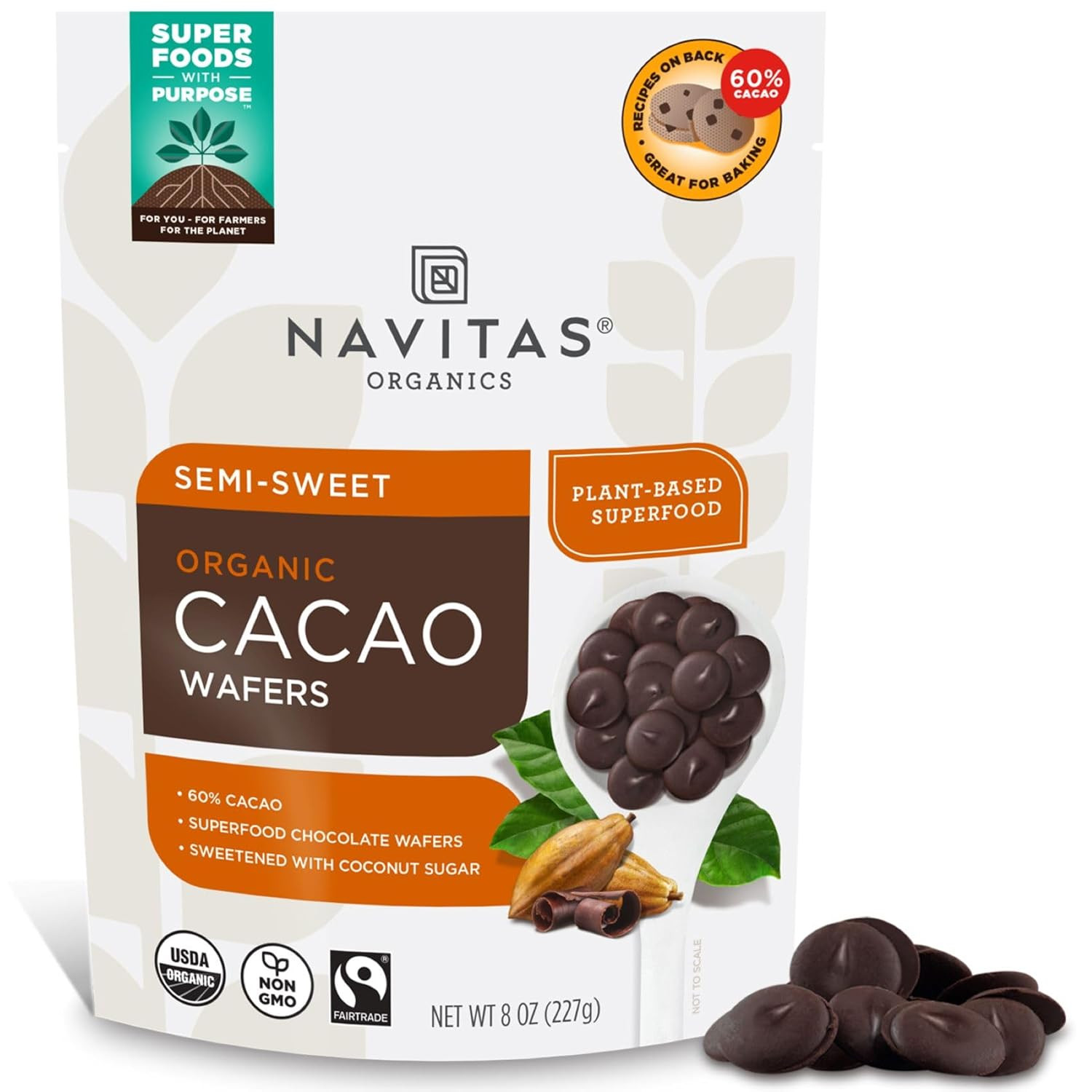 Натуральные полусладкие какао-вафли Navitas Organics, 8 унций, Экологически чистые, Fairtrade, Без добавок
