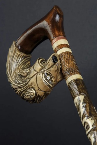 Handcrafted Wood Walking Stick Cane with Carved Wolf Victorian Artisan Exclusive - Picture 2 of 5