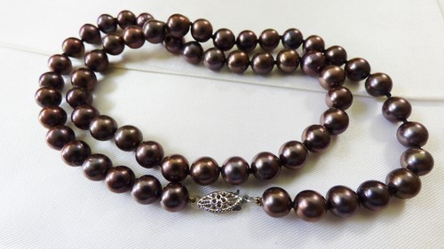 Classic 14K White Gold Peacock Black 7mm Pearl Necklace handknotted silk 17.5" - Picture 7 of 7