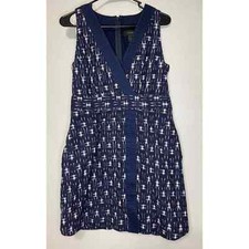 J Crew Dress Womens 4 Linen Ikat Wrap V Neck Sleeveless Navy Blue (no belt)