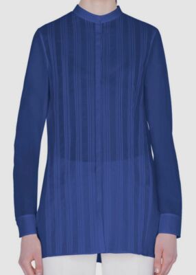 $1190 Akris Women's Blue Long-Sleeve Pleated Voile Front Button Blouse Size 10