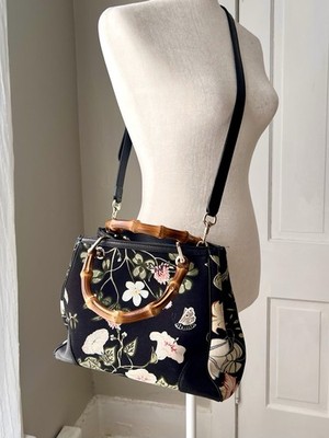 Gucci Black Floral Bamboo Shopper Handbag 2 Way Small Kris Knight Tote Bag