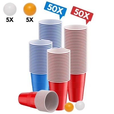 MARKENLOS Bierpong Becher Set Wiederverw 500ml/16.91oz Beer Pong Becher 100er, 50 Rot/Blau