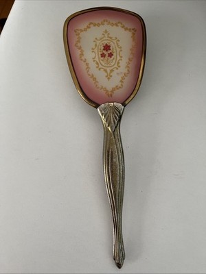 Vintage Hand Held Brass Hair Brush  with Floral Design Art Deco Hollywood