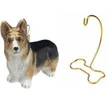 Tri Color Pembroke Welsh Corgi Polish Glass Ornament Dog Bone Shaped Stand Set