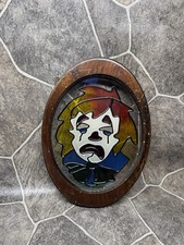 VTG Hand Painted Clown Stained Glass Decorative Suncatcher Wood Frame 13.5  x10  