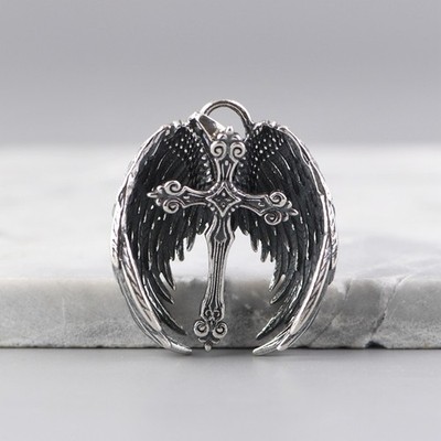 Men's Archangel Wing Cross, S925 Sterling Silver, Gothic Protection Biker Amulet