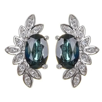 Dark Blue Green Sapphire Oval Cut Stud Earrings, September Birthstone Sapphire