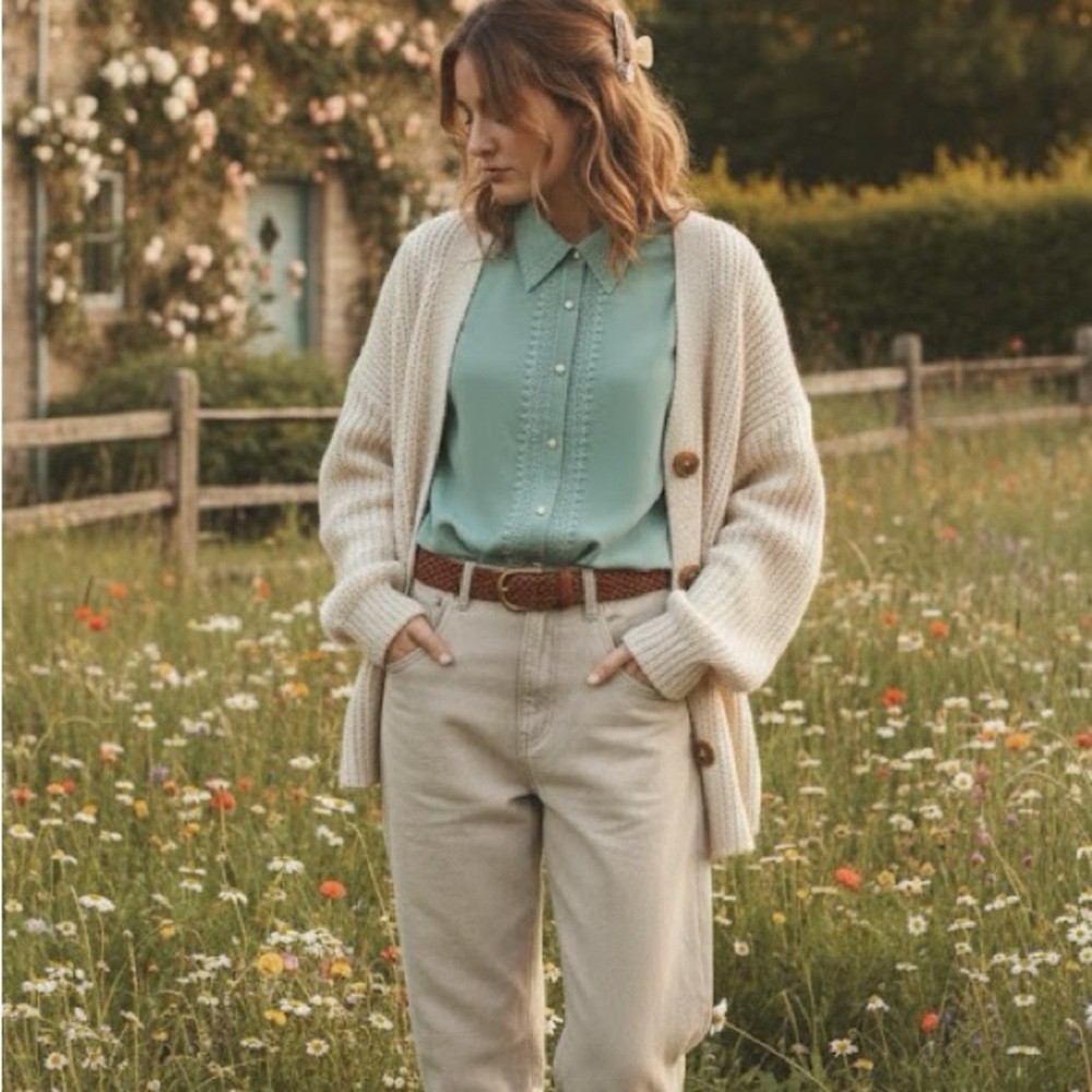 Yves St. Clair Vintage 80’s Seafoam Mint Polo Pearl Button Crochet Trim Blouse