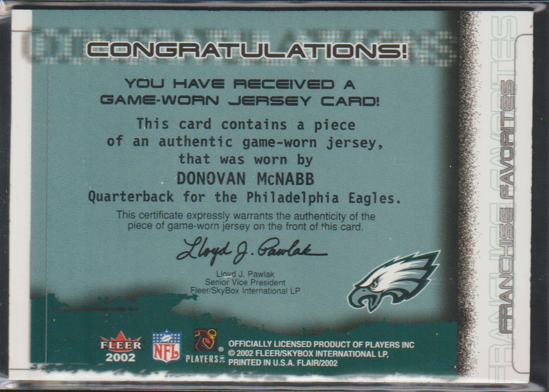 2002 Fleer Flair Donovan McNabb Eagles Game Used Jersey Football Card view 2