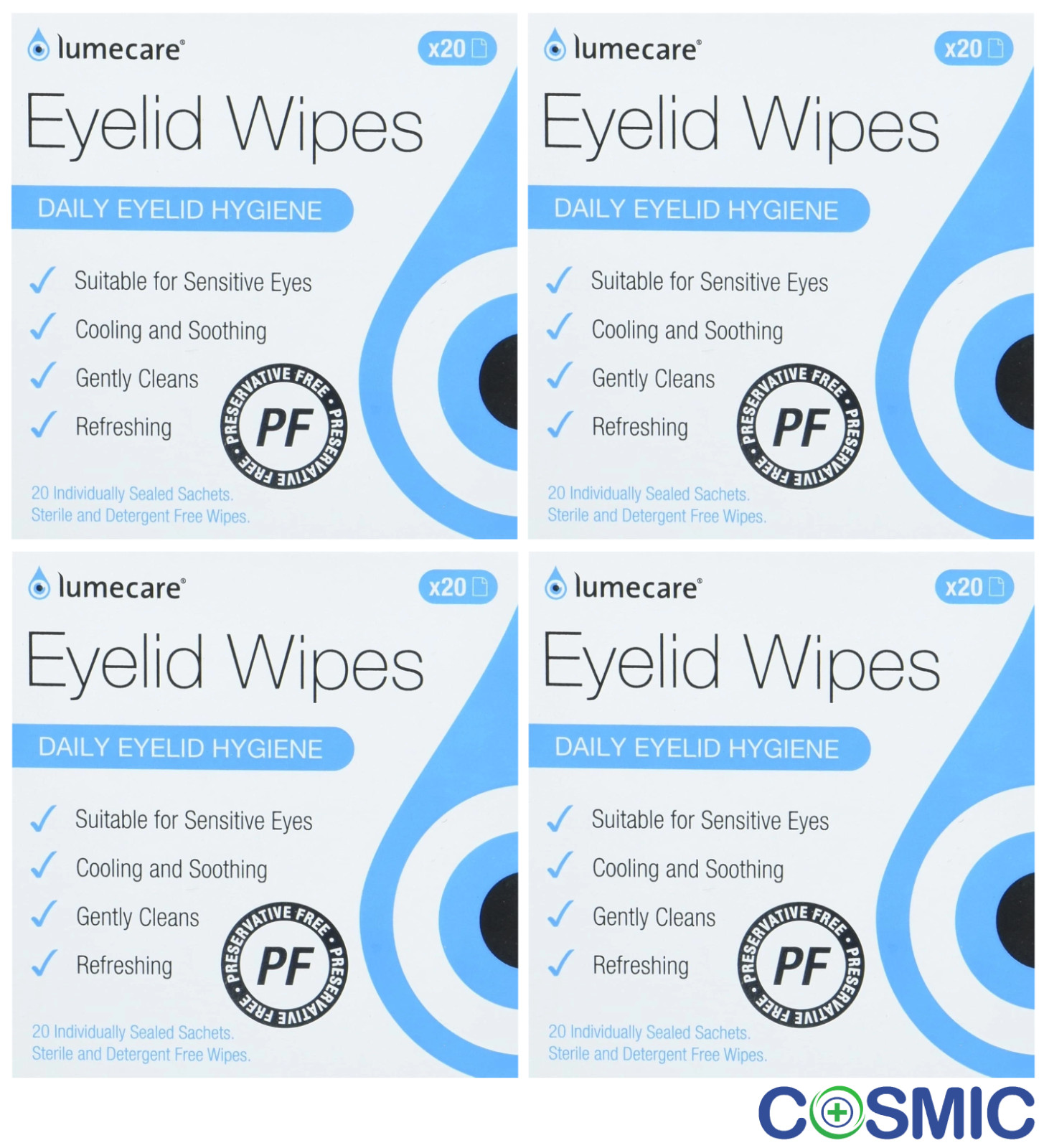 4 X Lumecare Cleansing Daily Eyelid Wipes Hygiene Cooling & Soothing - 20 Wipes
