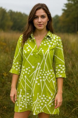 Snapdragon & Twig Green White Abstract Dot Print Cotton Shirt Dress   Size M