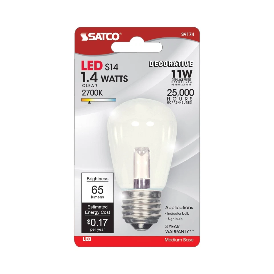 Satco S9174 - 1.4 Watt LED S14 Decorative Clear Sign Light Bulb - 2700K (6 PK) - Image 2 of 4