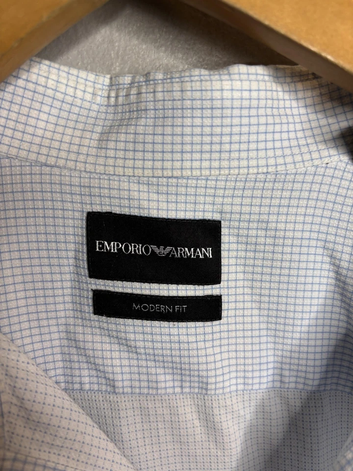 Camisa Emporio Armani Para Hombre 17.5 44 Azul Claro Calce Moderno Manga Larga Micro Cuadros Foto 3 de 4