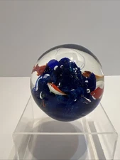 Paperweight With Blue Wave Fish And Bubbles