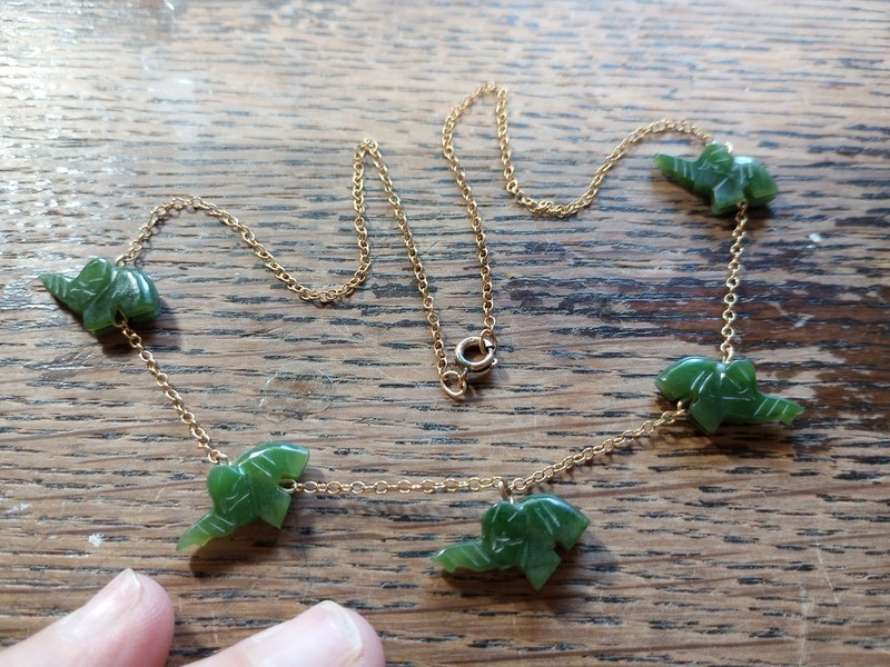 Vtg Jade Necklace Art Deco Carved Elephants Dangle Gold Link Chain 1/20 12k Gf