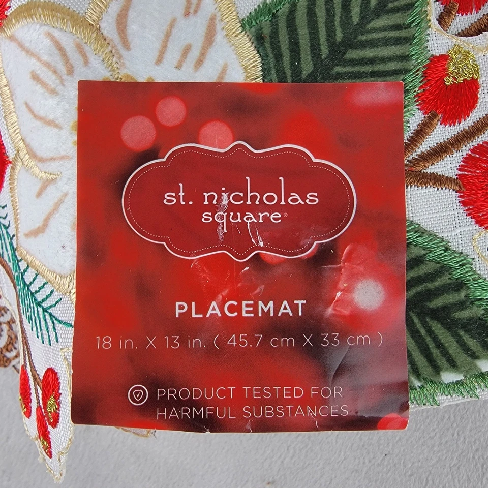 Poinsettia Placemat & Napkin Rings Set Christmas Holiday Decor Red Green Festive - Image 2 of 4