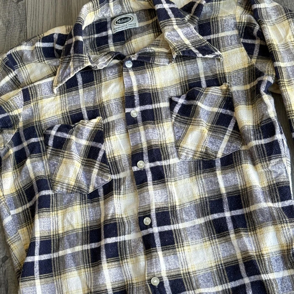 Vintage Mohawk Flannel Shirt Yellow Blue Plaid Permanent Press Sz S Made USA - Image 2 of 4