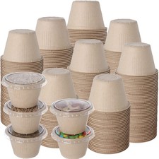 100 Pack 4oz Disposable Condiment Portion Cups with Lids Bagasse Fiber Souffl...