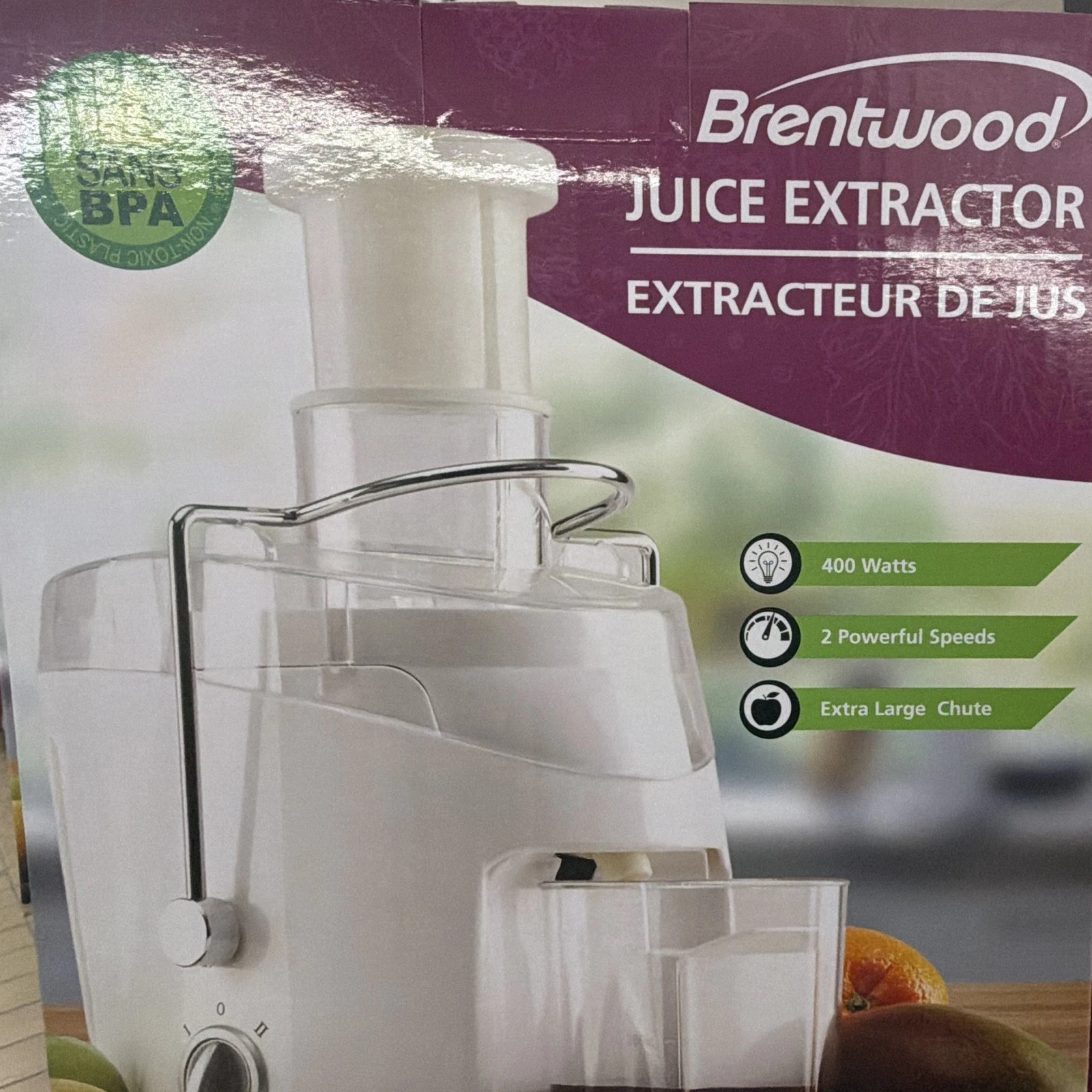 Brentwood Centrifugal Juicer 400W 2-Speed Extra Large Chute White JC-452W