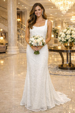 Lulus XS Eternal Happiness White Lace Square Neck Mermaid Wedding Maxi Dress