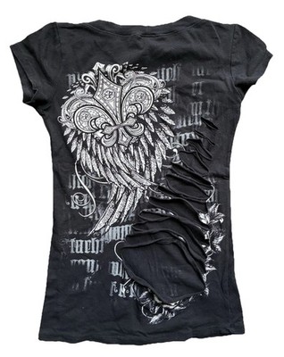 Folter Cut Back Pike Y2K embellish Black Sz S/M Goth Punk Wings Roses T-Shirt