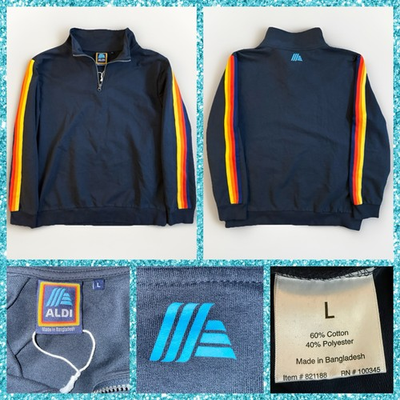 #ad Aldi Gear Navy 1 4 Zip Sweatshirt Time Capsule Collection Rainbow Trim Sz Large $20.99
