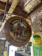 Vintage Savage Arms Sign - Quality Gun Ammo 2 sided wood walk  Sign w/ hanger