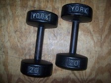 vtg YORK BARBELL 20 lb. DUMBBELLS "ROUNDHEADS" BodyBuilding EXERCISE Fitness GYM