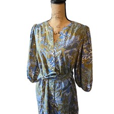 Talbots 100% cotton shirt dress button knee length 3/4 puff sleeve tie floral 12