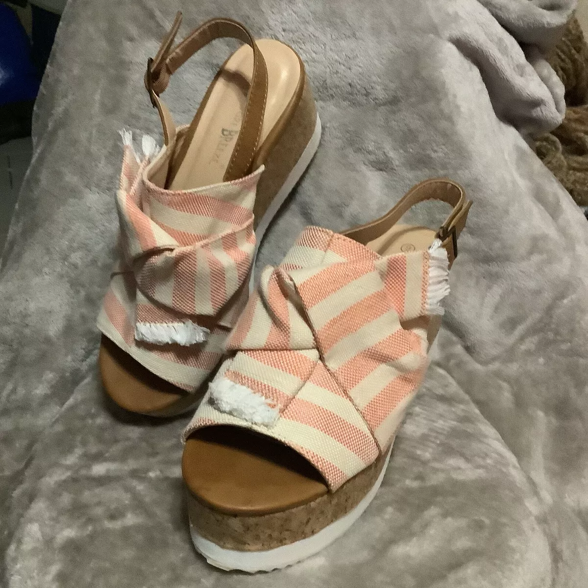 Nature Breeze Stripe Open Toe Slide Back Strap Platform Sandals