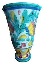 Majorlica Italy Pottery Floral  Vase Signed 12 Inches Tall Vintage