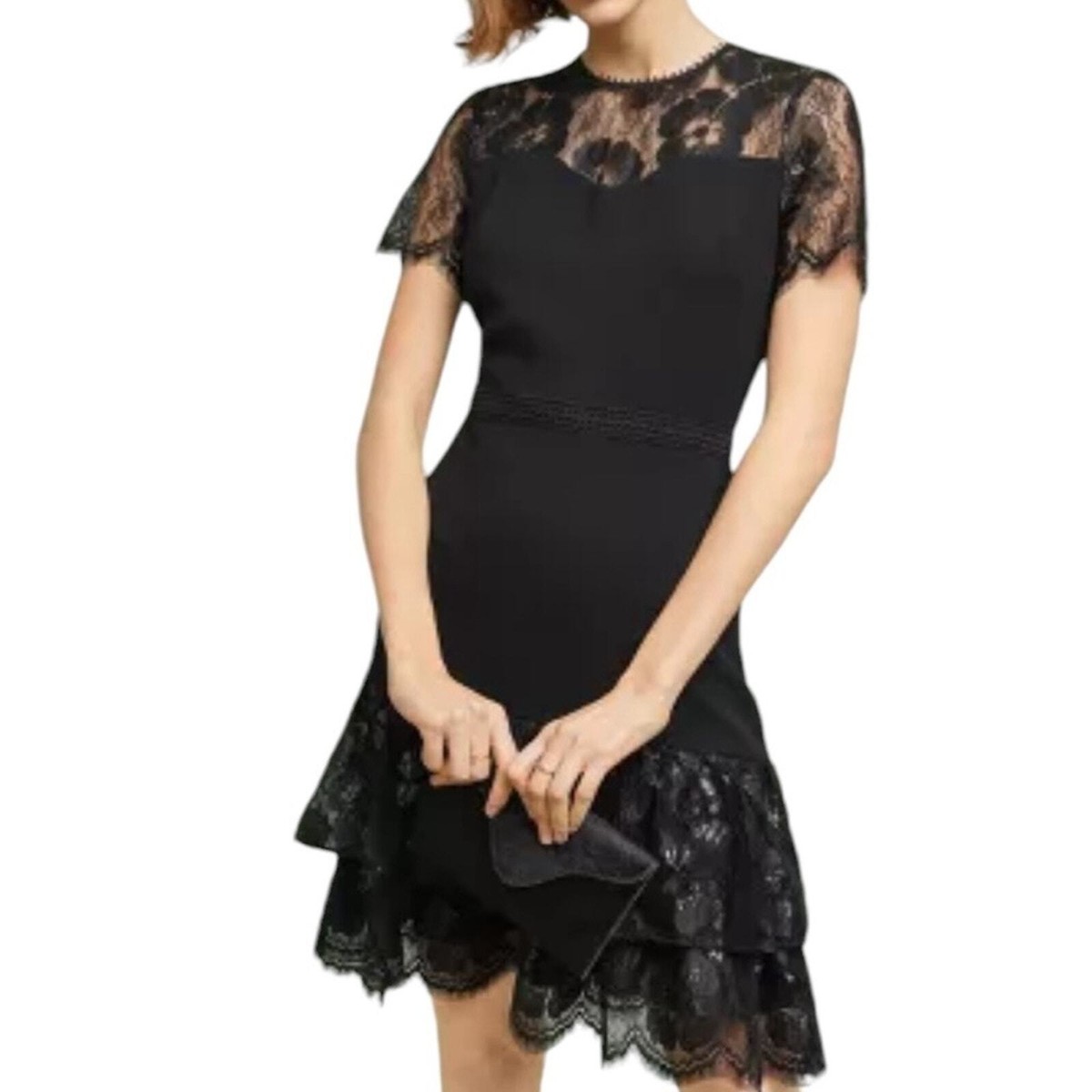 shoshanna black lace dress Shoshanna Black Lace Long Sleeve Lined Shift Dress Cocktail Party Womens 6 LBD