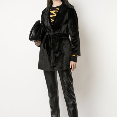 NWT Apparis Marine Faux Fur Black Wrap Reversible Coat sz L Retail $316