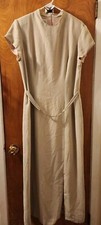 Vintage 90's David Warren Beige Maxi Shift Dress Size 16 Front Slit Belted